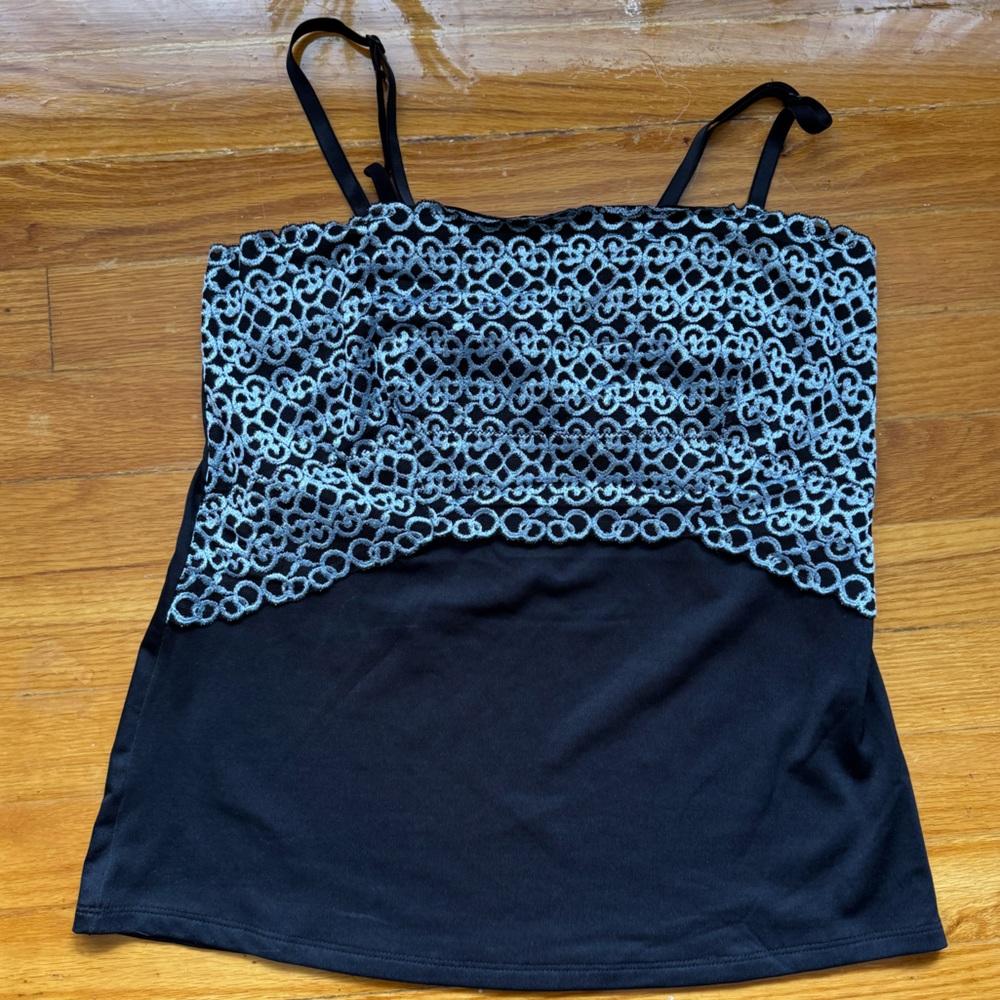 Vintage Y2K Black Tank Top with Blue Lace Overlay